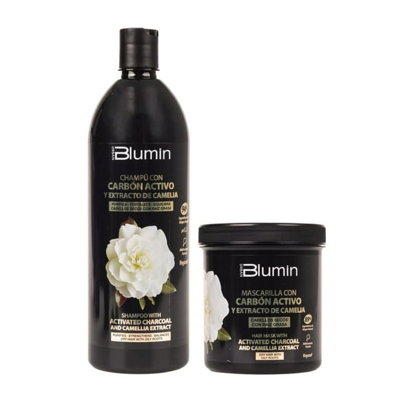 Blumin Activated Charcoal Kit - Shampoo 1000ml   Mask 700ml With Camellia Extract - For Dry Oily Roots Hair