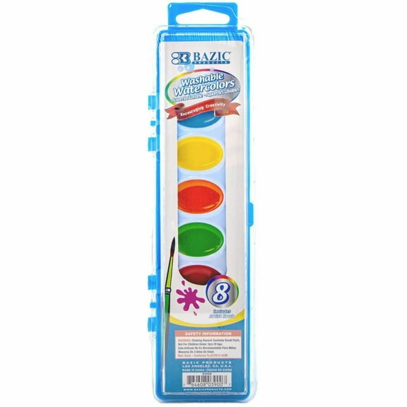 BAZIC Watercolor w/ Brush Semi Moist 8 Color, Non-Toxic Paint Set, 1-Pack