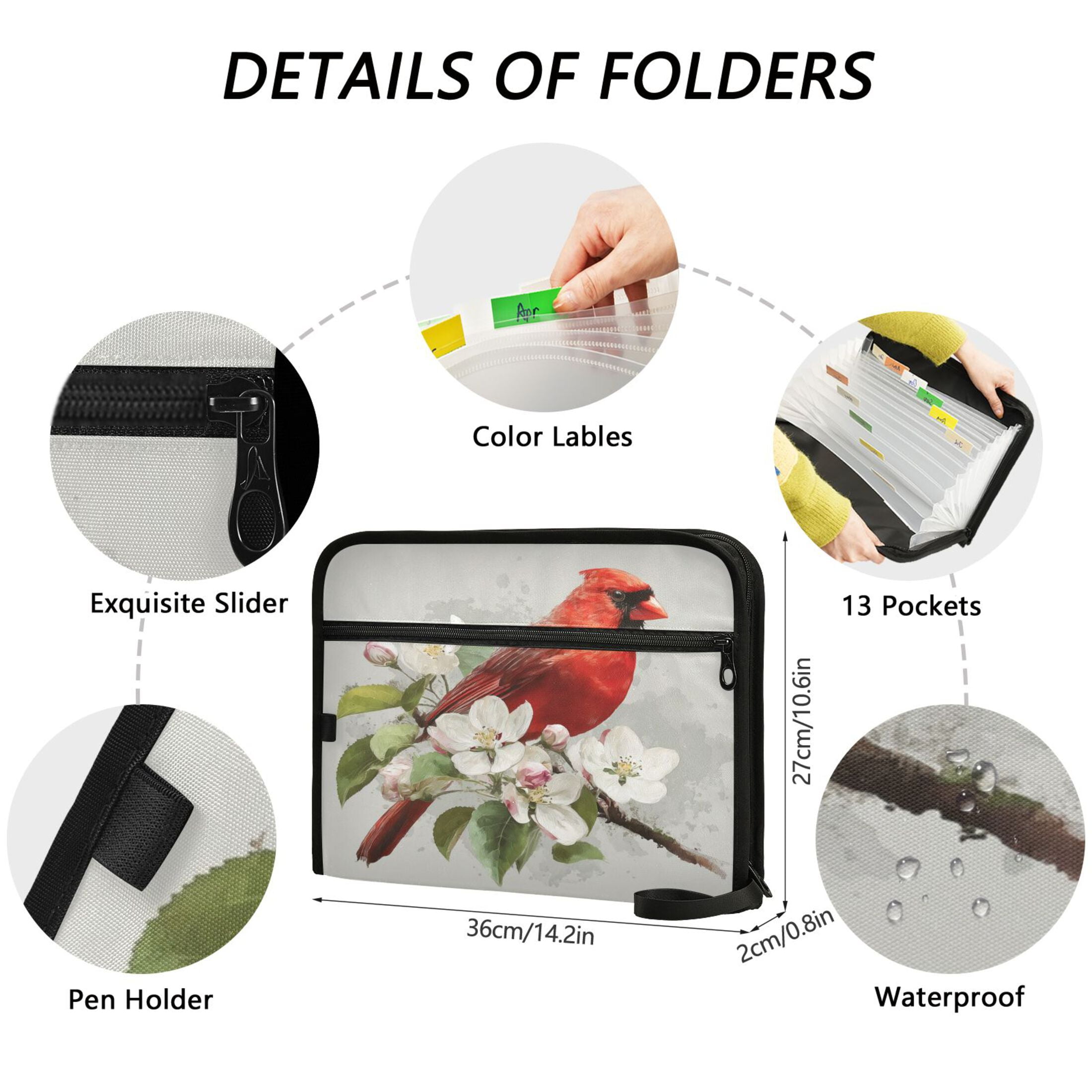 Accordion File Organizer with Zip Closure 13 Pockets Expanding File Folder Letter A4 Paper Document Organizer for Home Office Beautiful Red Bird