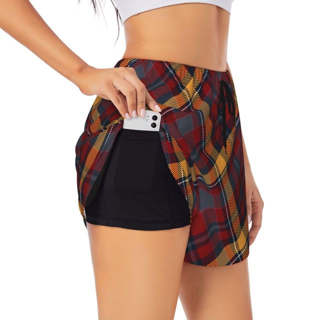 Balery Buffalo Check Plaid Pantalones cortos deportivos para mujer con forro y dos bolsillos, elásticos, para entrenamiento, gimnasio, yoga-X-Large