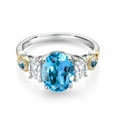 thumbnail image 2 of Gem Stone King 925 Silver and 10K Yellow Gold 3-Stone Ring Oval Swiss Blue Topaz and Moissanite (2.76 Cttw, Size 7), 2 of 3