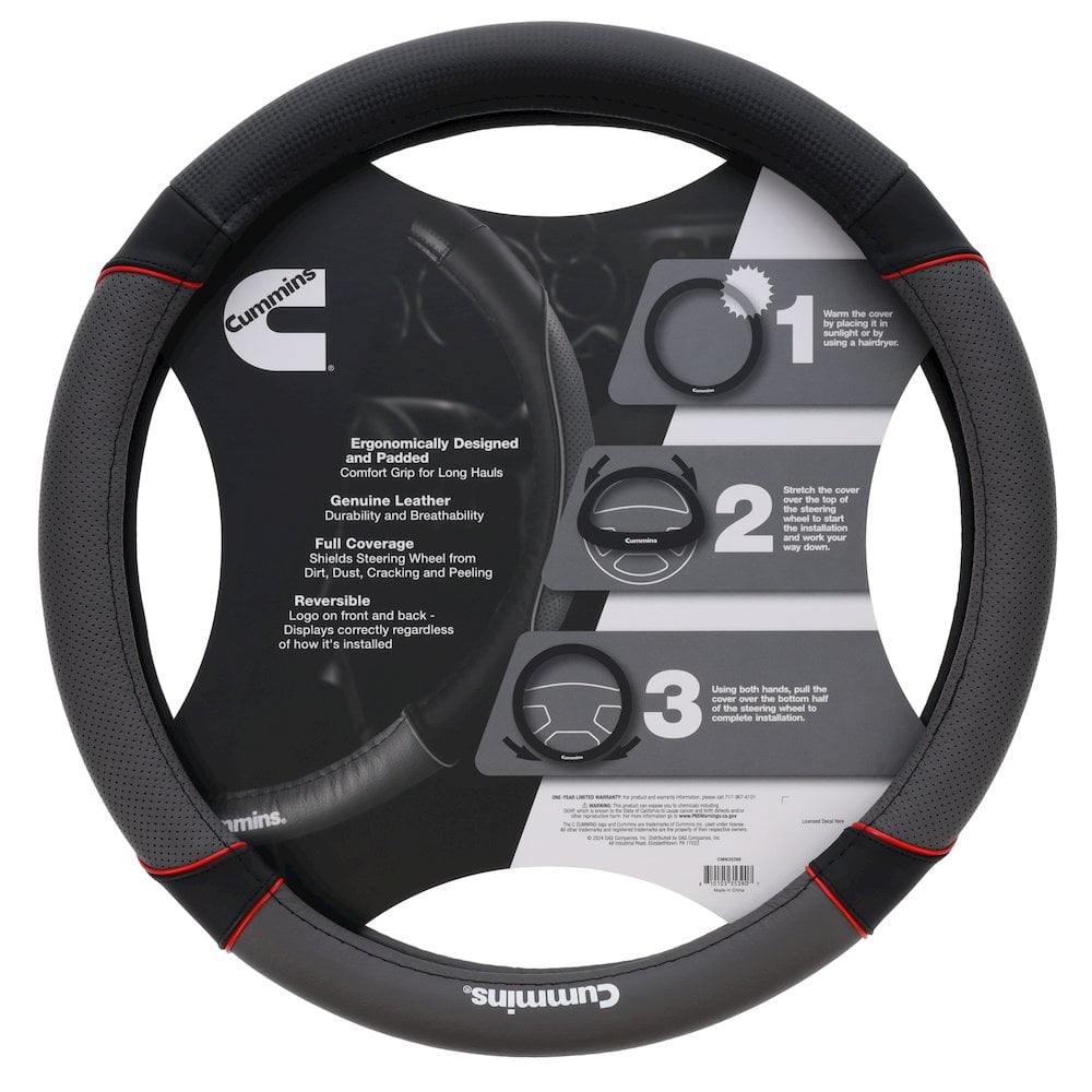 Cummins CMN35390 Sport 18-Inch Steering Wheel Cover Leather Semi Truck Interior Accessories for RV and Big Rig-Black and Red