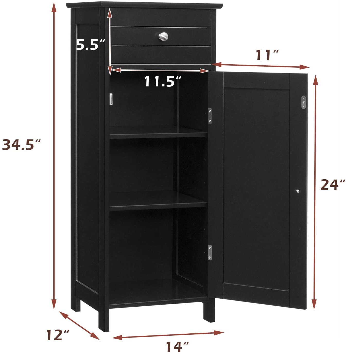 Giantex Floor Storage Cabinet, Multifunctional Freestanding Bathroom Storage Cabinet with Two Adjust Shelves, Ideal for Bathroom, Living Room or Bedroom, 14 x 12 x 34.5 inches (Black)