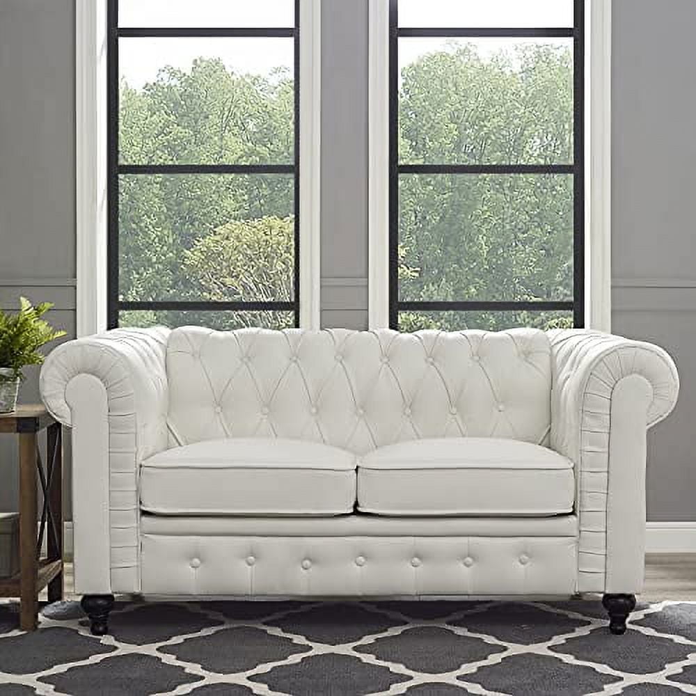 2 Piece Living Room Set, Faux Leather Chesterfield Loveseat & Chair, Deep Button Tufted with Rolled Arms, Home Furniture - Include 3-Seater Couch and Single Chair, White