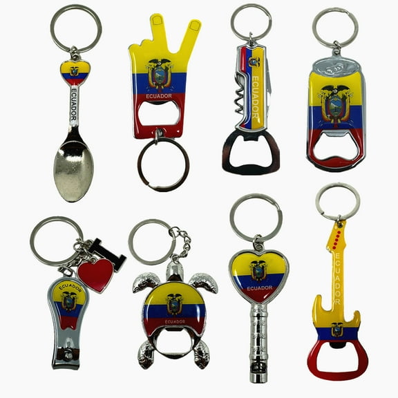 8 Pack Ecuador Keychains Country Metal Keychain, 6 Bottle Opener, Peace Sign, Heart Whistle, Beer Can, Guitar, Spoon, etc. Souvenir Keychains, Gift, Bulk