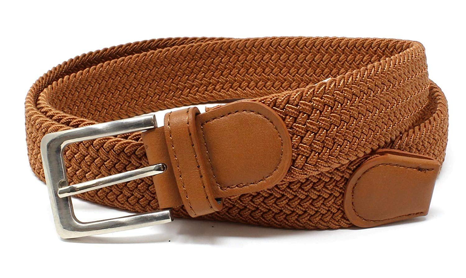 Mens Braided Elastic Stretch Belt Leather Tipped End and Silver Metal Buckle 