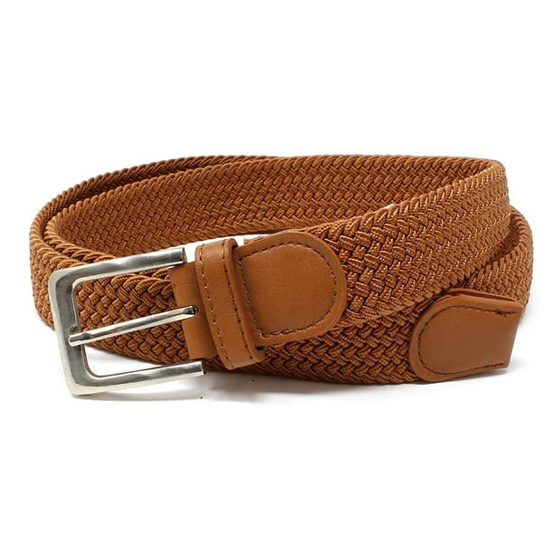 BC Belts Mens Braided Elastic Stretch Belt Leather Tipped End and