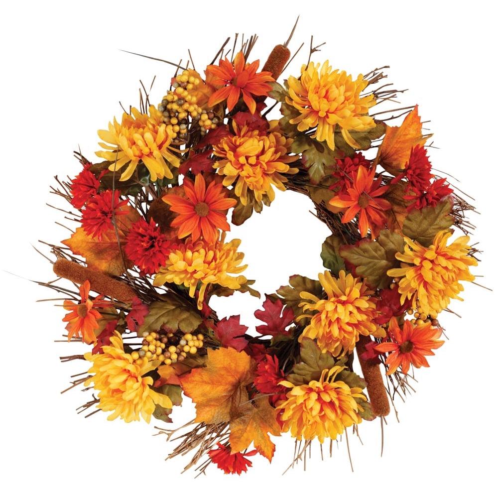 Fall Mum Wreath by OakRidge™, 18” Diameter, Silk Floral Autumn Home