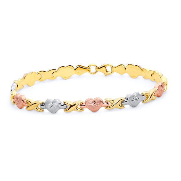 Wellingsale 14k Tri 3 Color Gold Polished Diamond Cut Stampato Heart Bracelet with Lobster Claw Clasp - 7.25"