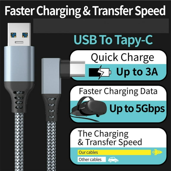 Yrmaups 2Pcs USB C Cable 5Gbps Fast Data Transfer, 5m 16FT USB 3.0 to USB C 90 Degree Right Angle Nylon Braided Charging Sync Cable for VR Headset Oculus Quest 2 and Gaming PC Laptop