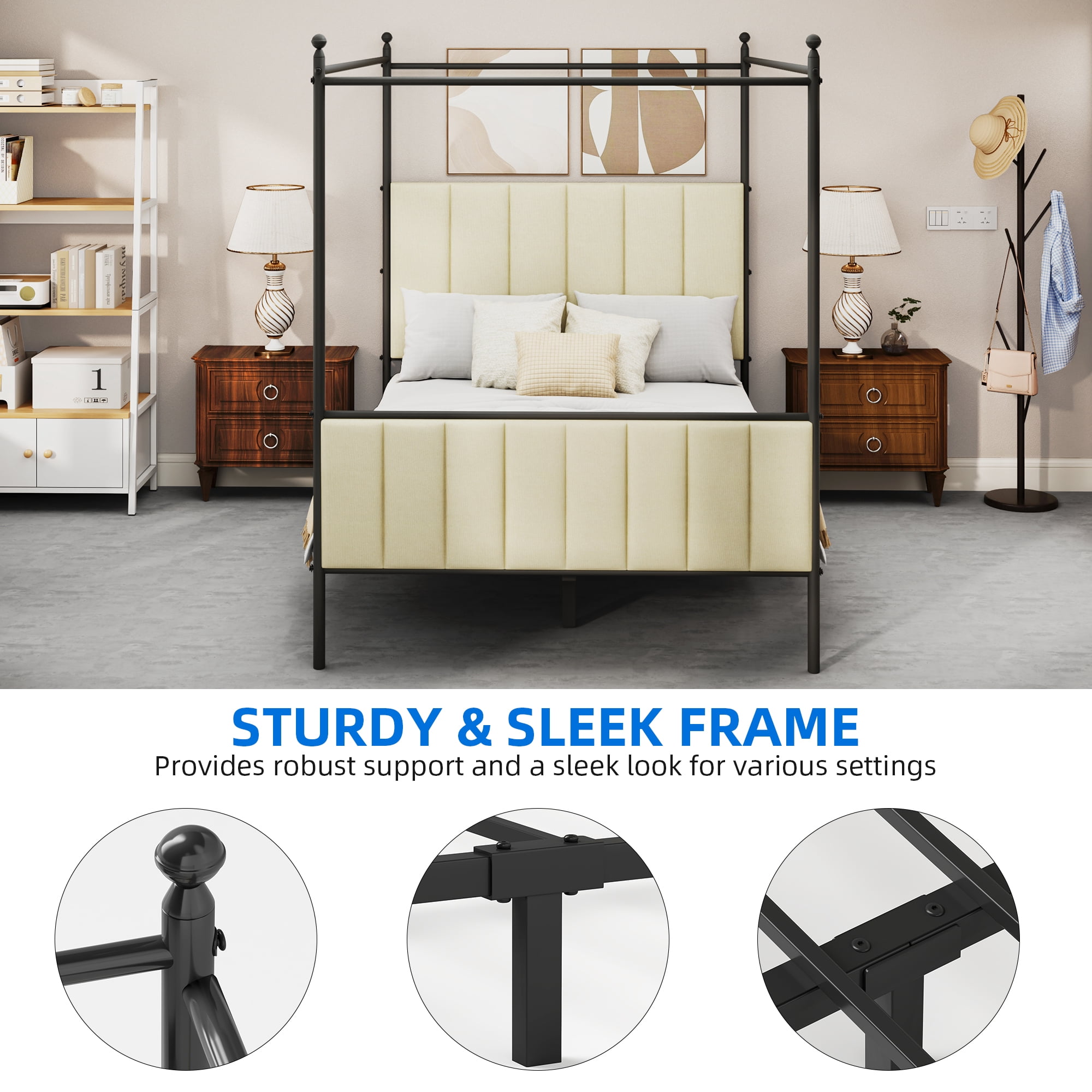 Dextrus-Queen Size Upholstered Metal Canopy Bed Frame, Strong Metal Slat Mattress Support, Beige