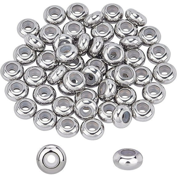 50pcs Rondelle Stopper Beads with Rubber Inside Metal Loose Beads 2mm Hole Stainless Steel Bead Spacers for Jewelry Making Findings DIY Stainless Steel Color