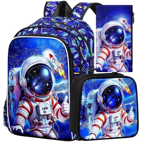 16" Astronaut Backpack for Boys, 3Pcs Space Kids Bookbag with Lunch Box, School Backpacks Set for Elementary Preschool Kindergarten(Blue)
