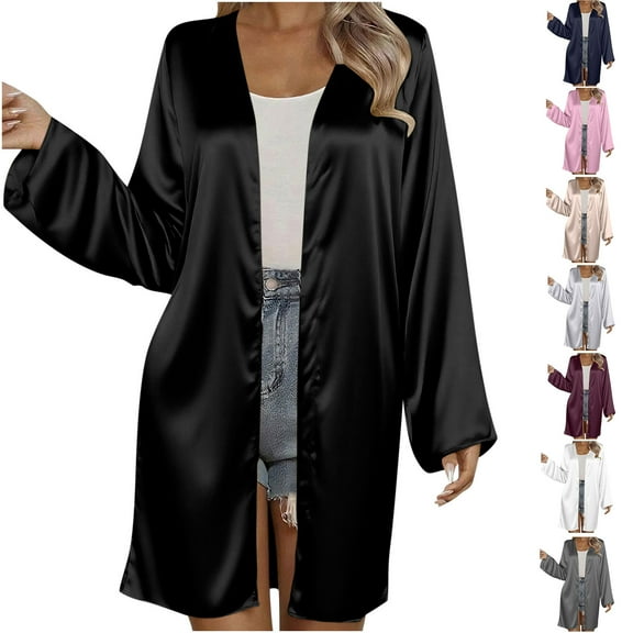 FRSASU Women's Long Sleeve Open Front Silk Cardigan Solid Casual Loose Lightweight Length Cardigans Top White XL(XL)