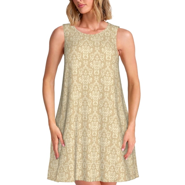 Fotbe Damask Beige Tan Brown Vestido de Verano sin Mangas para Mujer – Vestido Midi Línea A, Estilo Camiseta Floral, Vestido Playero Casual y Fluido