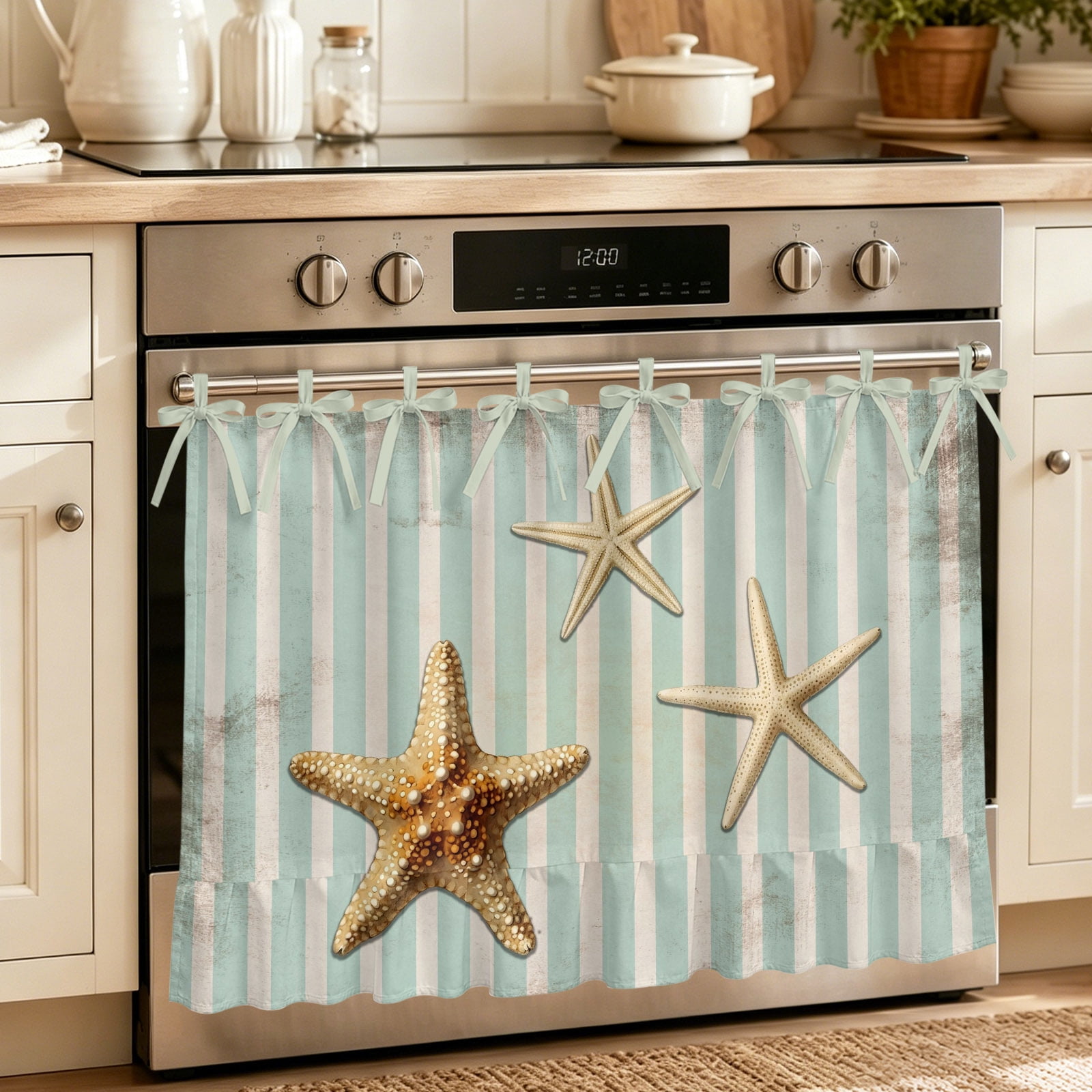 Oven Curtain for Kitchen Vintage Coastal Yellow Starfish Stove Curtain With Ruffled Trim Dishwasher Curtains Reetro Teal Stripes Oven Skirt 32 x24