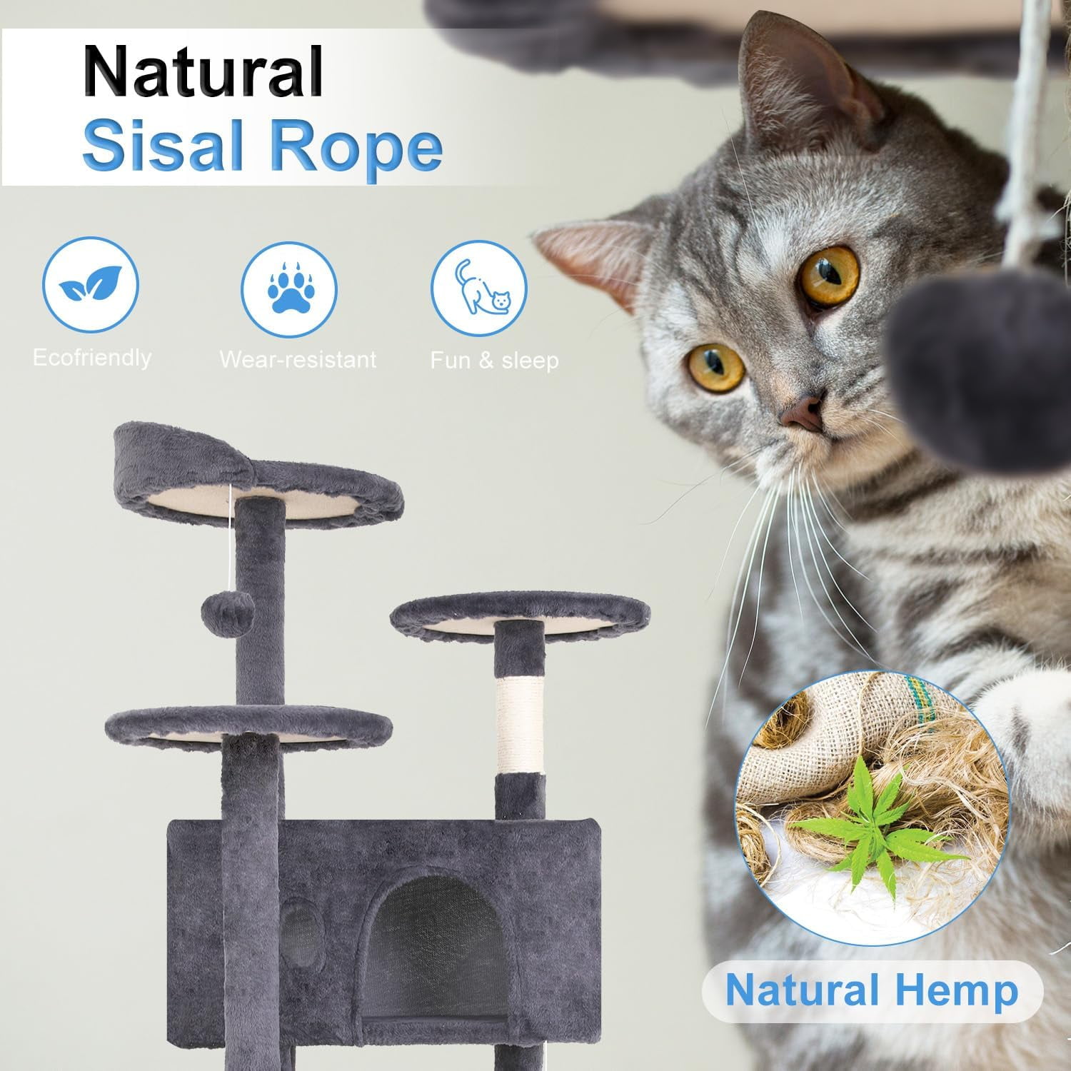 FDW 54in Cat Tree Tower, Scratch Posts, Condo, Toys,Perfect for Active Cats,Ashy