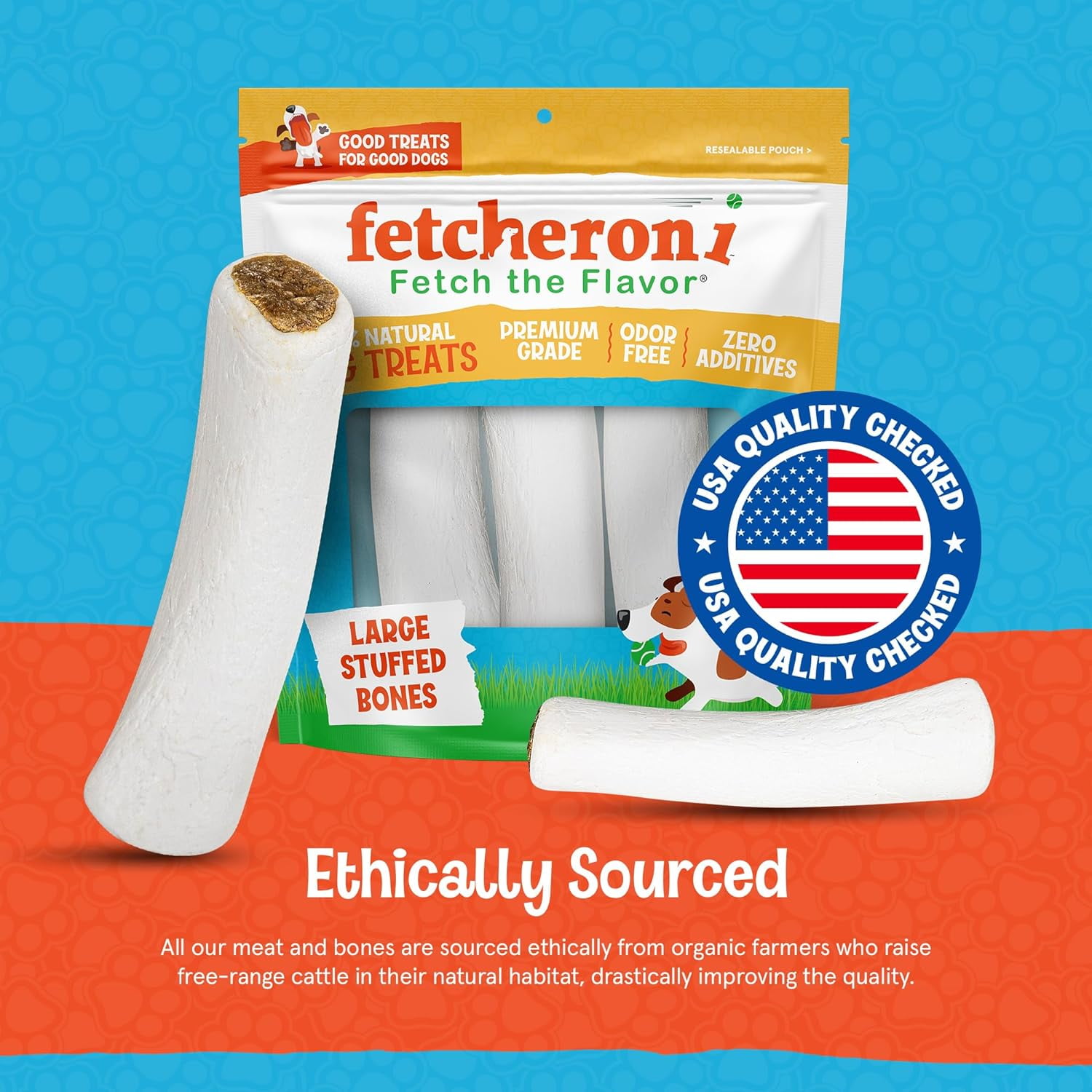 FETCHERONI Stuffed Dog Bone - Dog Treat Filled with Flavor for Your Dog - Great for Dog Treat or Training - Long Lasting Dog Chew. (3 to 4 ienches, Bully Stick Flavord)
