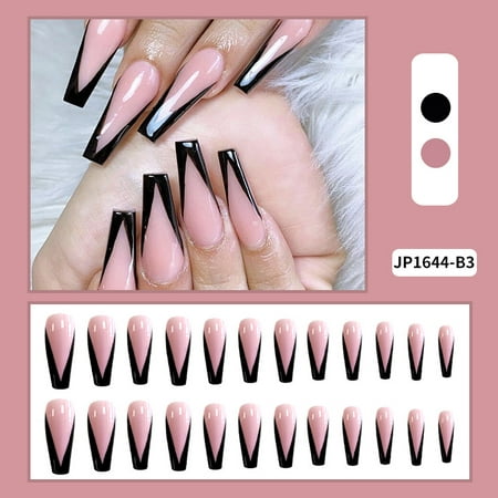 24pcs Black Pink Printed Nail Patch Square Head Glue Type Removable Long  Paragraph Fashion Manicure False Nail Patch New | Walmart Canada