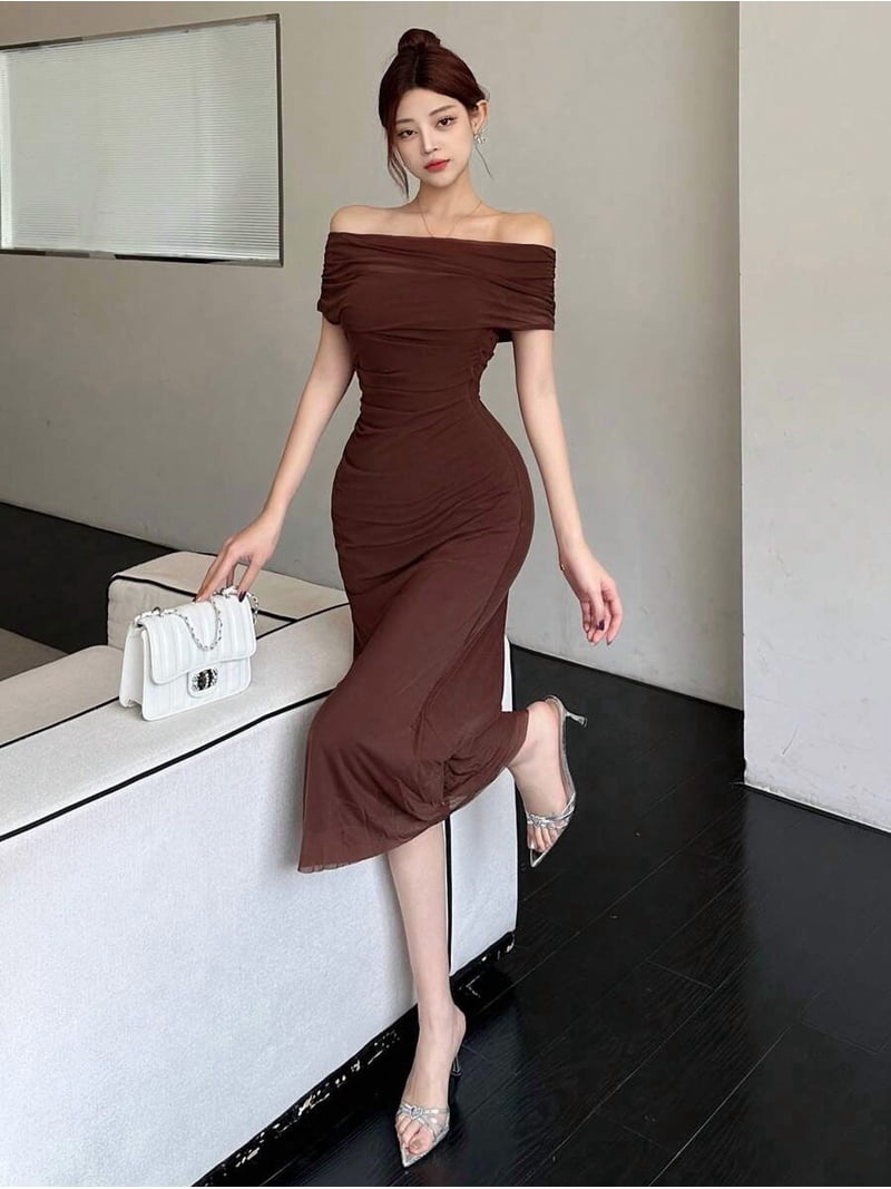 off shoulder ruched midi dress Dull Satin Off The Shoulder Ruched Midi Dress
