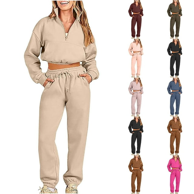 YUGYXL Women Tracksuits 2 Piece Set Lightweight Comfy Solid Color Sweatsuits Half Zip Collared Waist Stretch Cropped Sweatshirt Wide Leg Sweatpants Clearance Sale Purple,XL
