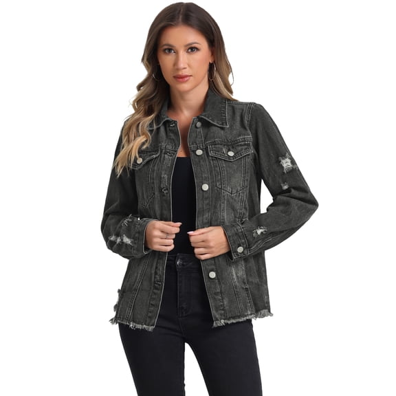 DARING DIVA Women's Frayed Distressed Washed Denim Jacket XS Black