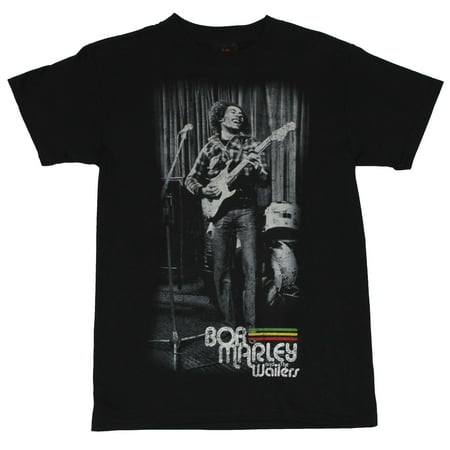 Bob Marley Mens T-Shirt  - Standing Guitar Black and White Image on