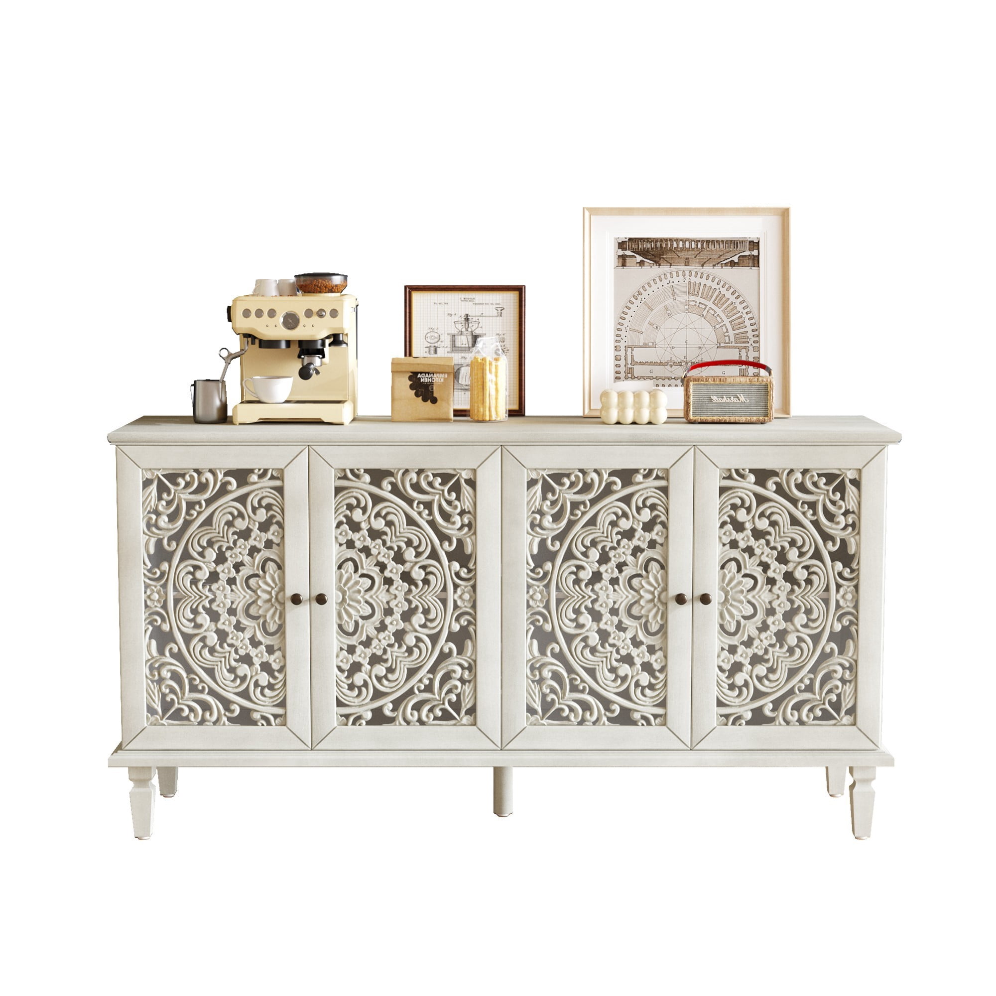60" Antique Buffet Cabinet with Floral Carved Doors, TV Stand for 65 Inch TV, Sideboard Cabinet with Adjustable Shelves, Antique White