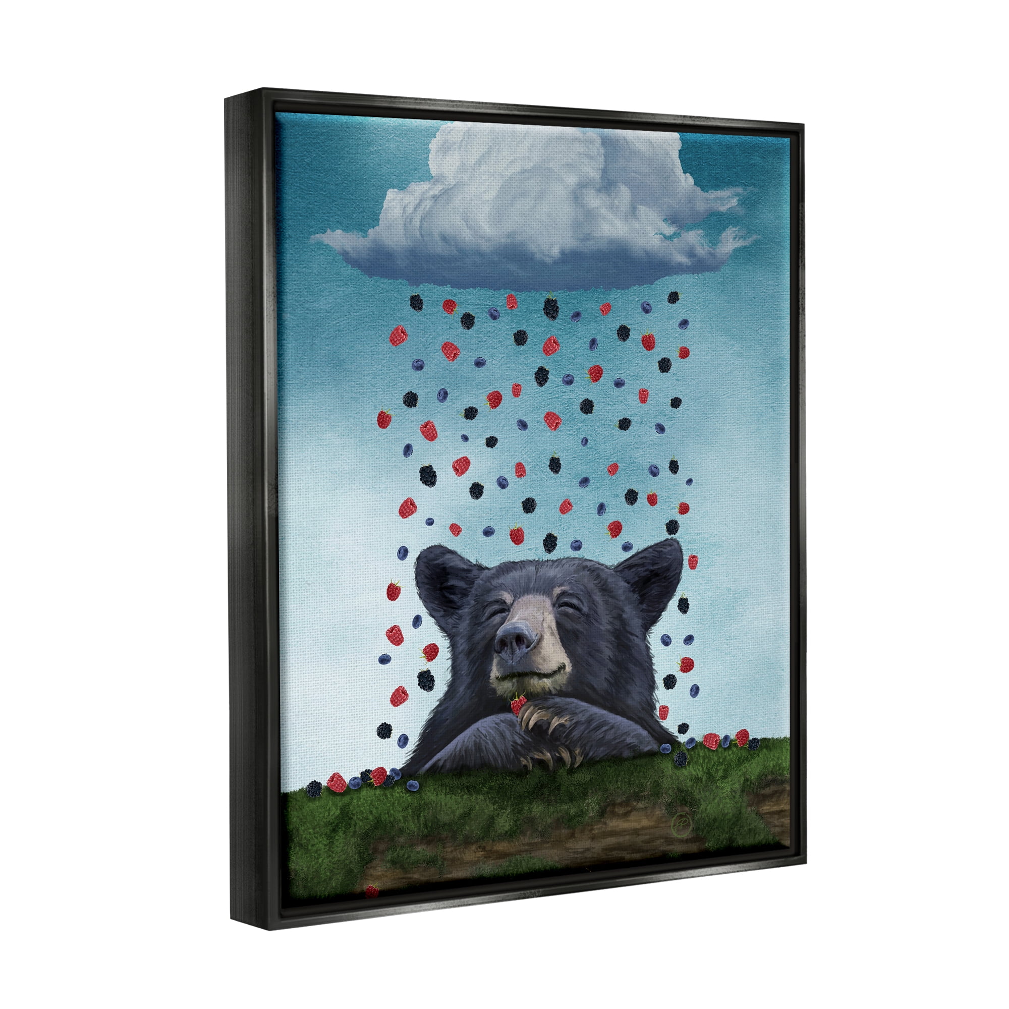 Stupell Industries Bear with Berry Cloud Animals & Insects Painting Black Floater Framed Canvas Art Print Wall Art, 25 x 31