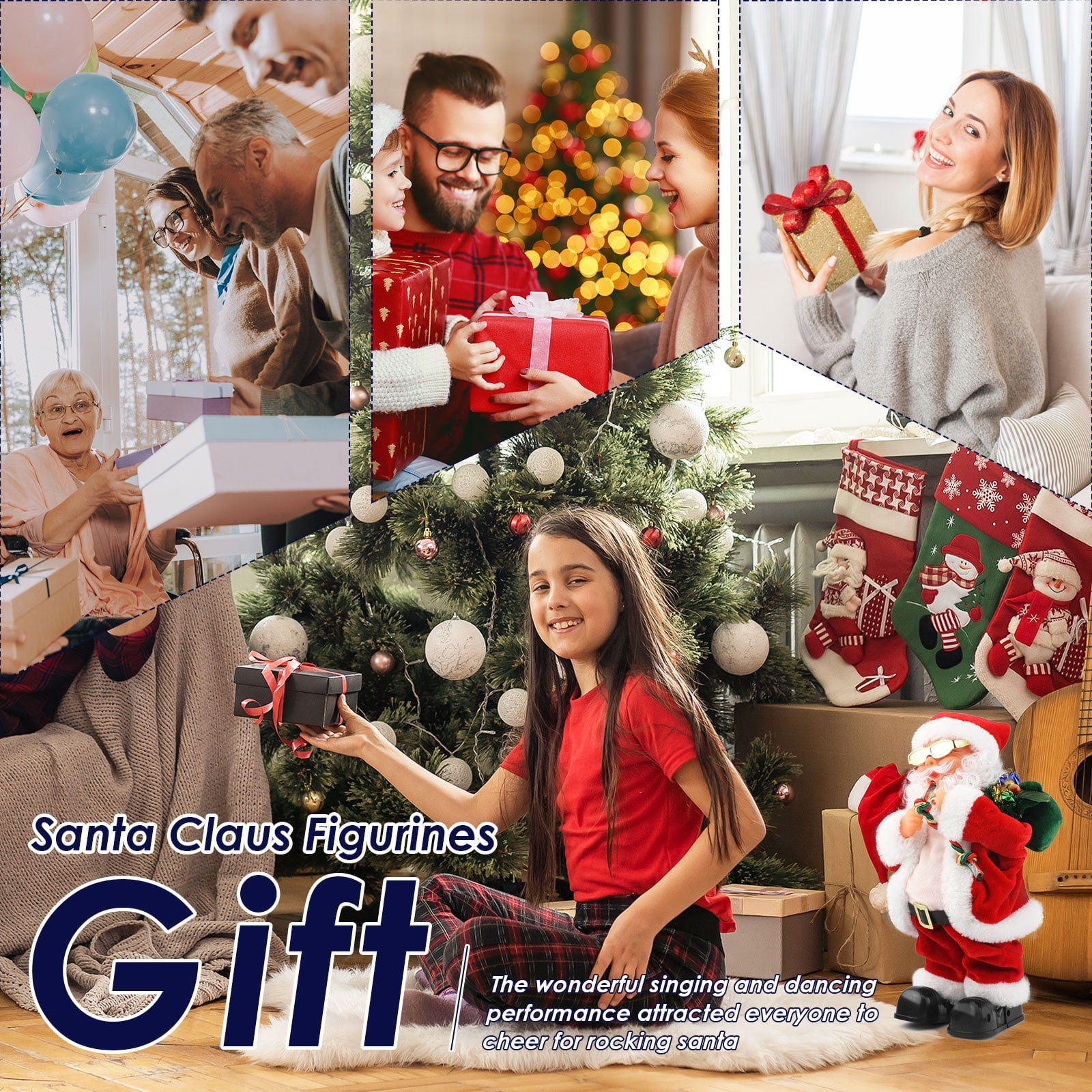 Belly Shaking Singing Dancing Santa Claus Toy with Music, Musical Christmas Decoration Playing Jingle Bells with Bouncing Glasses