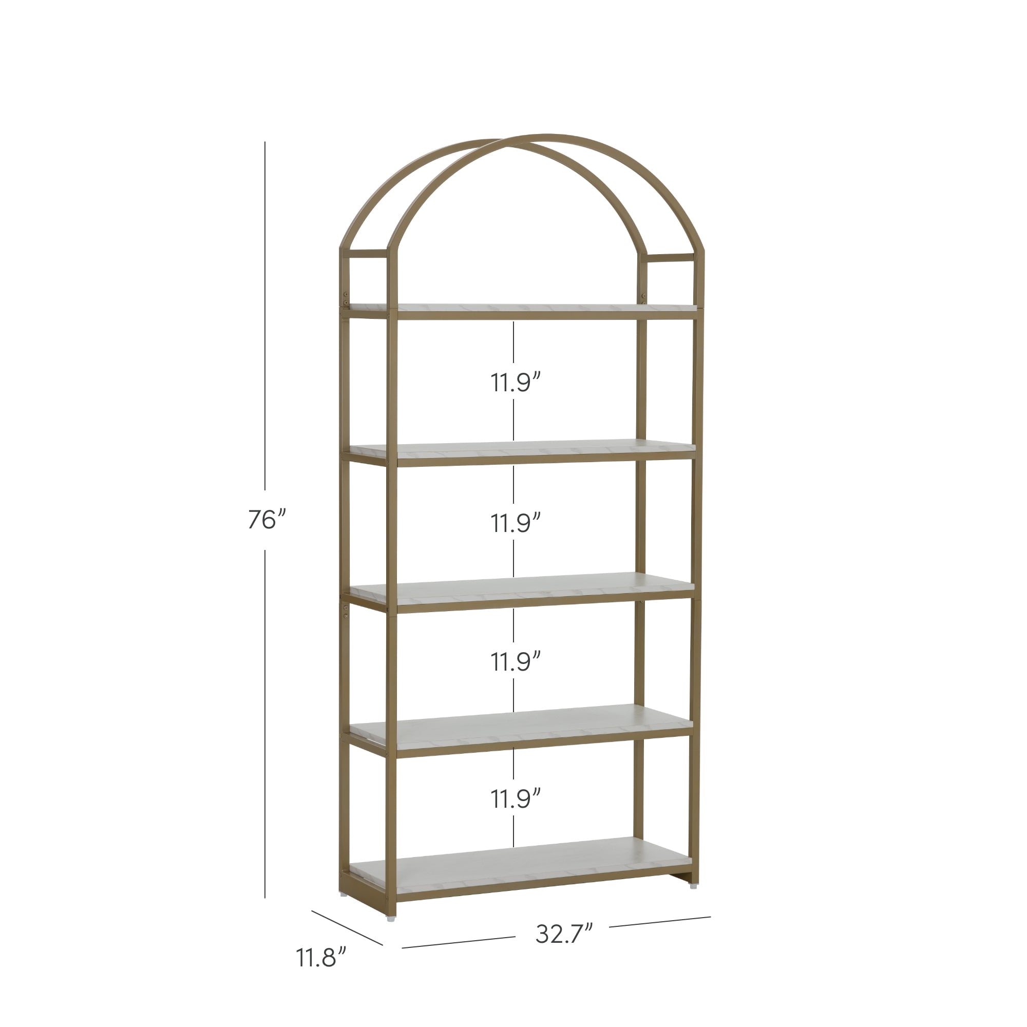 Nathan James Haven Etagere Bookshelf, 5-Shelf Faux Marble Bookcase in White Faux Marble Finish and Gold Metal Frame with Arch Top and Open Shelves, White/Gold