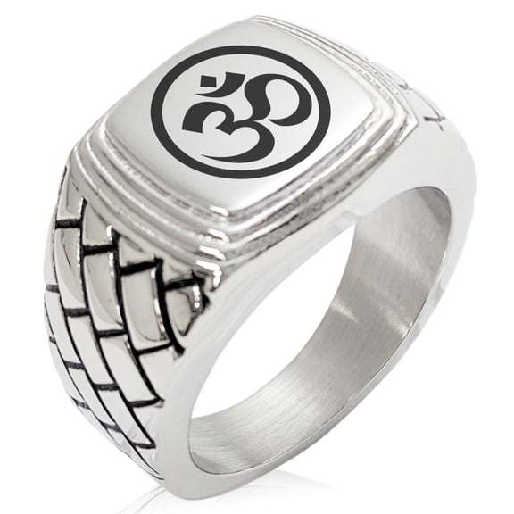 Stainless Steel Sacred Circle Sanskrit Om Geometric Pattern Step-Down Biker Style Polished Ring