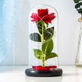 thumbnail image 3 of Idea de regalo romántico: rosa de seda roja bajo una cúpula de vidrio resistente al calor, elegante decoración del hogar con base de madera rústica, rosa de La Bella y la Bestia con tira de luz LED, 3 of 4