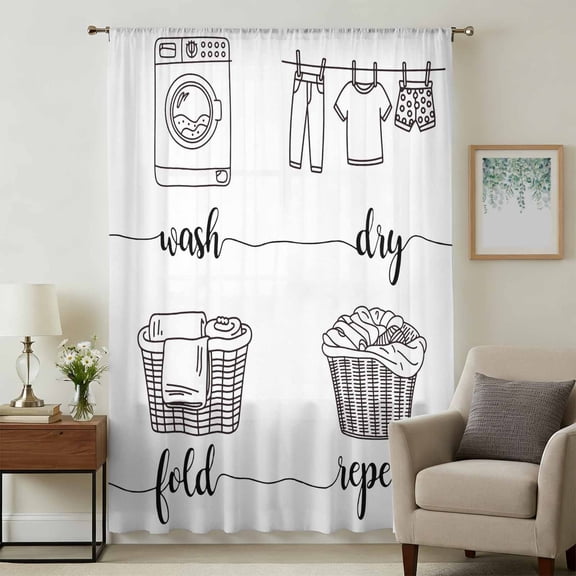Laundry Room Sheer Curtains 63 Inches Long, Cartoon Wash Dry Fold Repeat Simple Lines Art Light Filering Curtains, Breathable Simi Curtain Privacy Drapes for Living Room Bedroom Window Treatment
