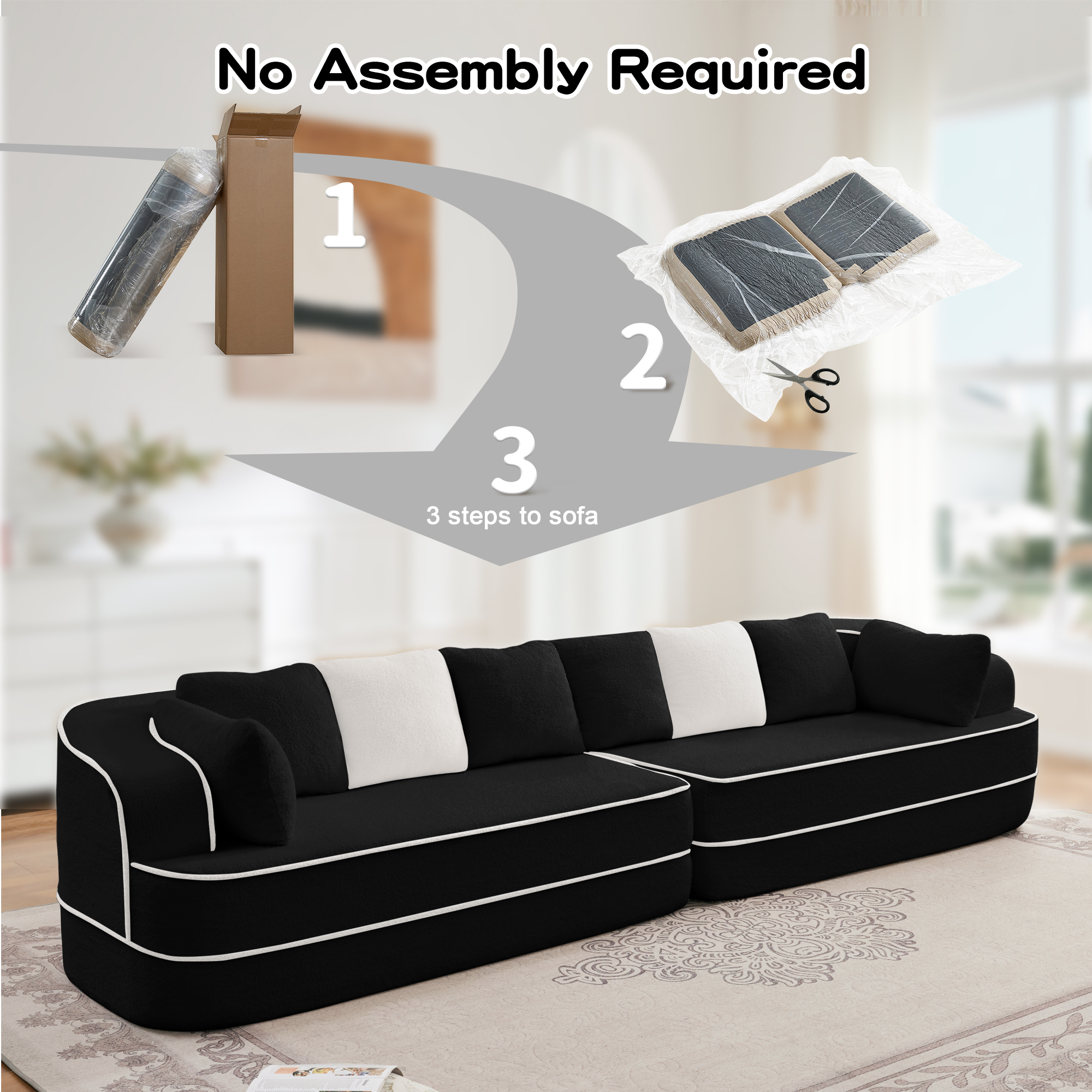 106" Teddy Fabric No Assembly 32D Boneless Sofa, Comfy Couch with L-Shaped Chaise for Living Room, Black