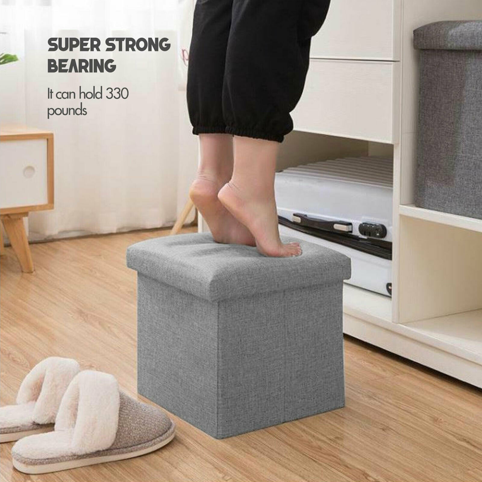 ANMINY Folding Storage Ottoman Cube, Gray photo 3