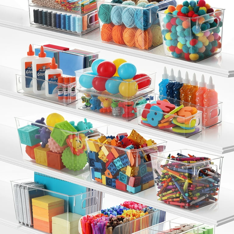 Eatex 3 Pack Clear Plastic Storage Organizer Bin with Handles - Bin Tray for Home, Classroom, Playroom, Studio - Great Bin for Crafts, Art, Brushes