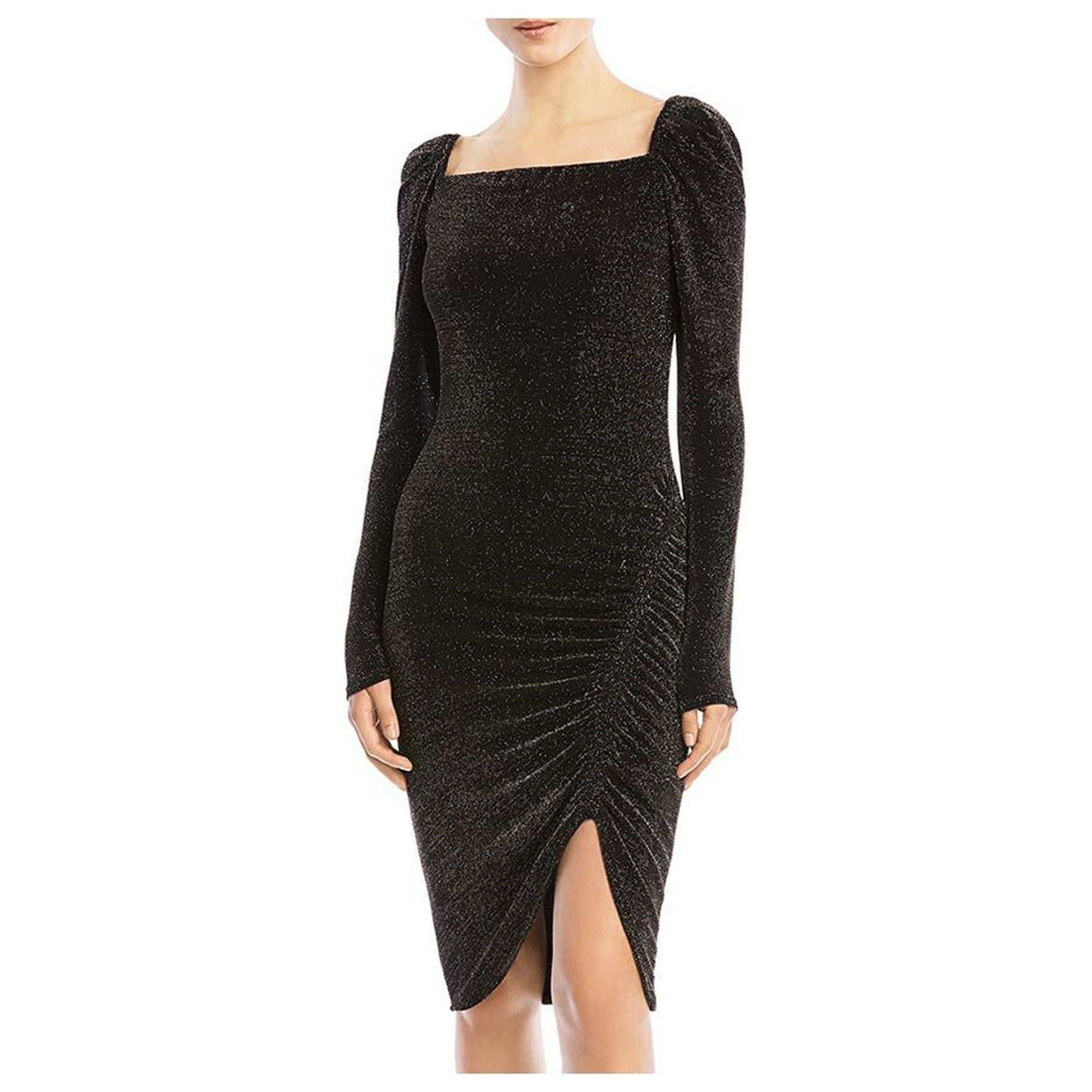 BAILEY44 Womens Black Stretch Metallic Ruched Slitted Pouf Sleeve Square Neck Below The Knee Cocktail Body Con Dress L Walmart