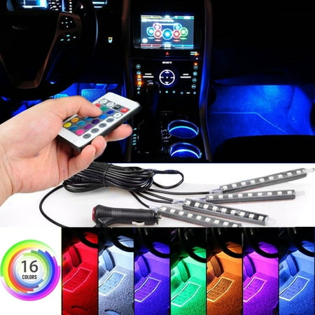 4-Pack 9LED Lights Strip 16 RGB Colors Car Interior Atmosphere Neon Strip Light Kit Remote