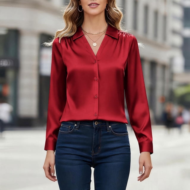 Ounisa Womens Button Down Shirts Dressy Casual Satin Silk Long Sleeve V Neck Tops Business Office Work Blouses 2025