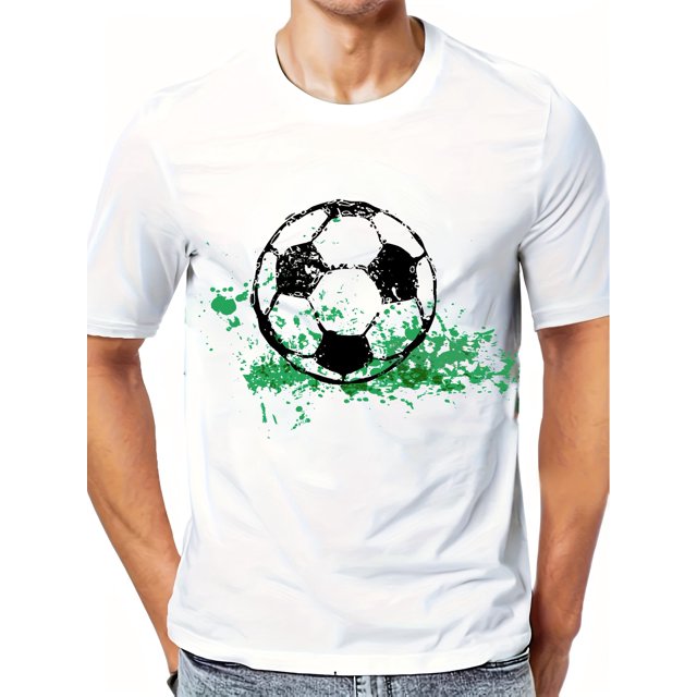 T-Shirt Graphique de Ballon de Soccer pour Hommes - Polyester Décontracté, Manches Courtes, Col Rond, Lavable en Machine, Vêtements de Sport d'Été