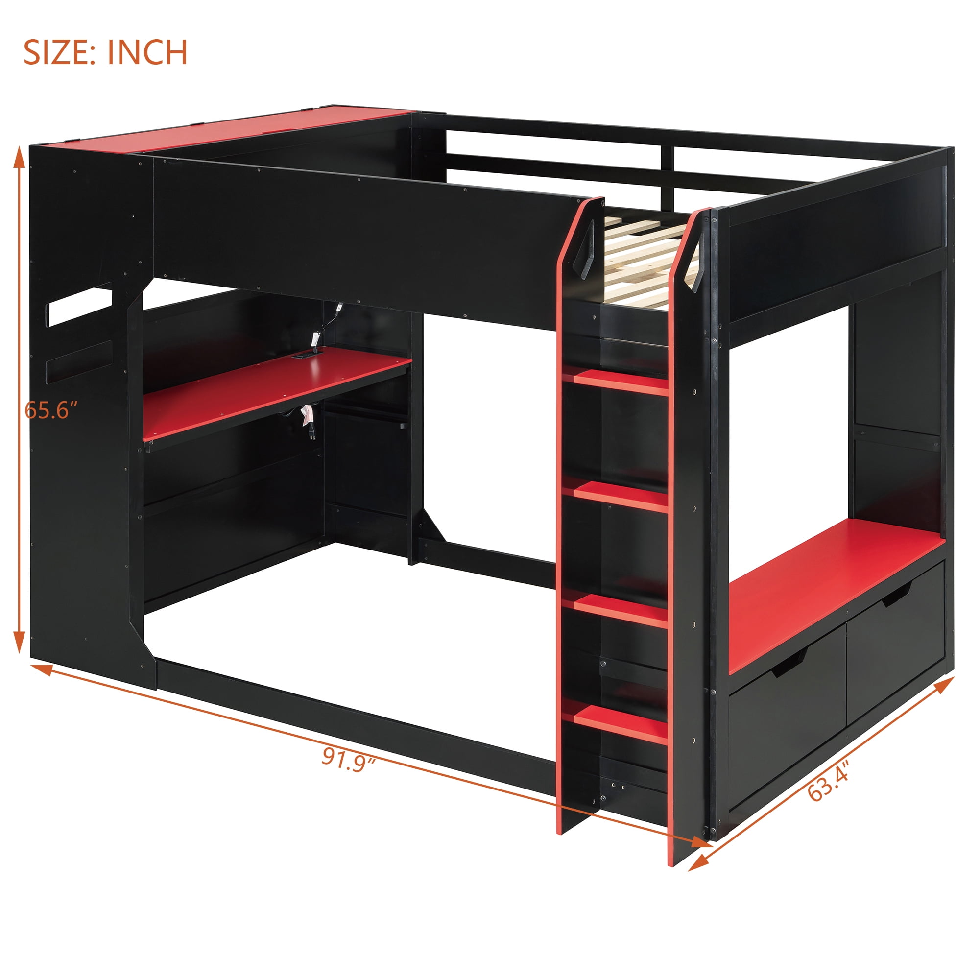 Mintazer Full Gaming Loft Bed with Height Adjustable Desk, Drawers, Storage Compartments, Hanging Rod and RGB Lights for Boys Girls, Black & Red