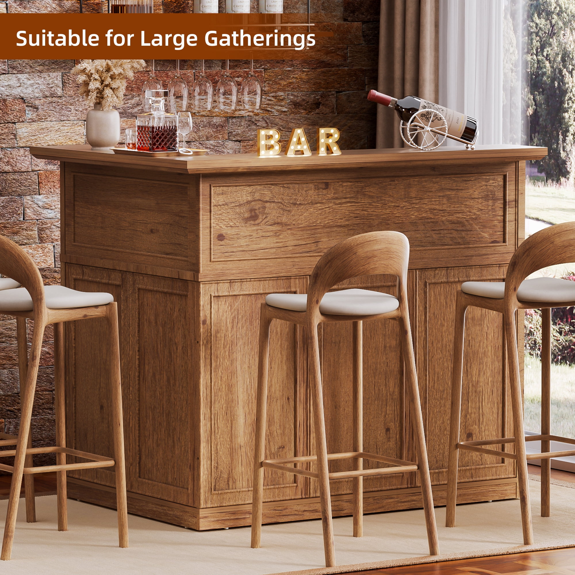HARIPUL L-Shaped Home Bar Unit, 4-Tier Corner Bar Cabinet with Large Storage Space, Liquor Wine Cabinet & Reception Desk for Home Pub, 37.52"D x 52.44"W x 43.94"H, Wood