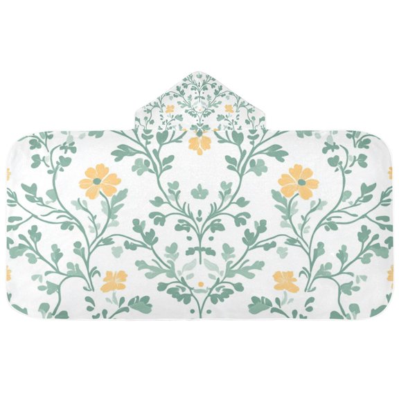 Green Cirrus Leaves Yellow Flowers Kids' Hooded Towel Wrap Bath Towels Bath Cape Bathrobe Unisex 50" x 23.5"