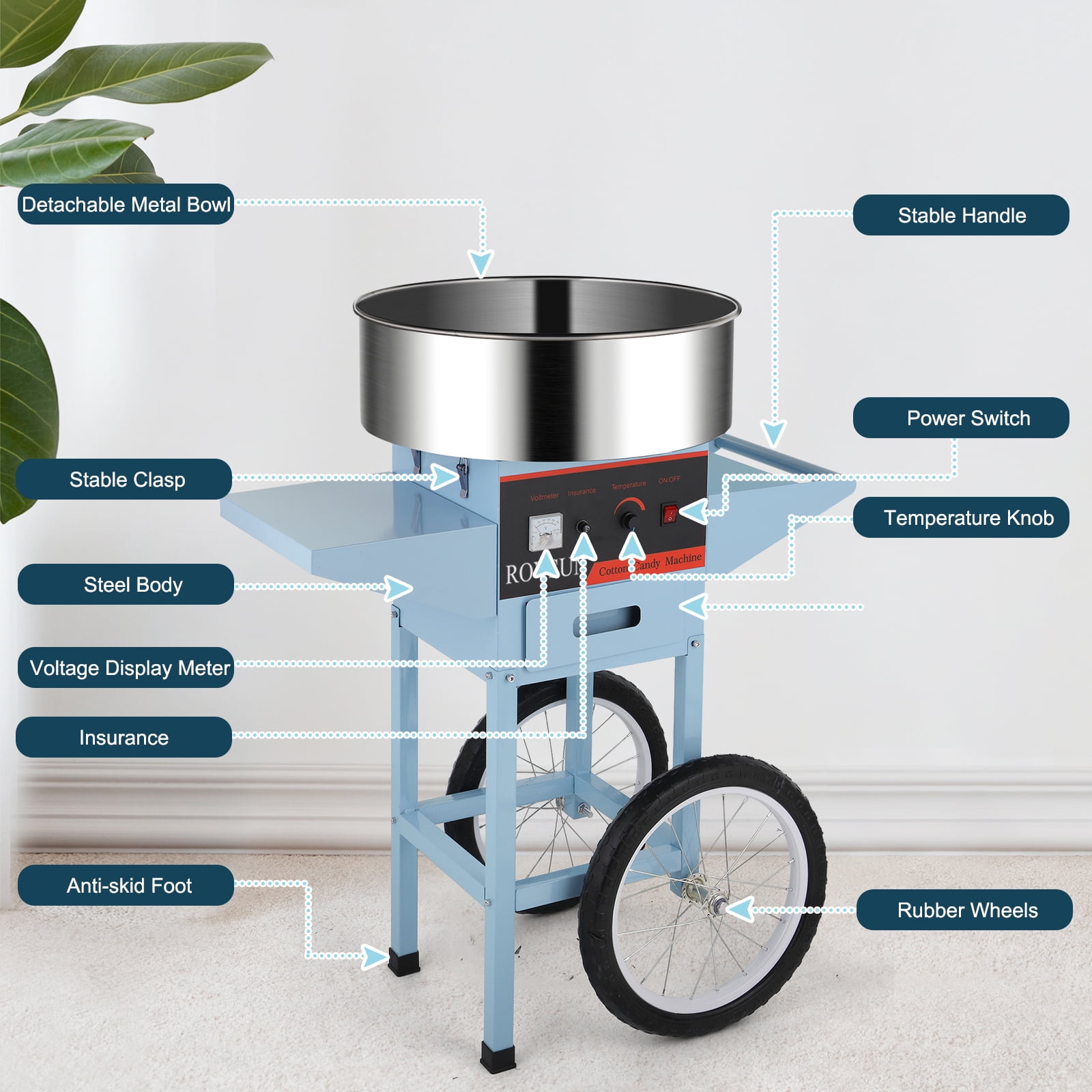 ROVSUN Cotton Candy Machine with Cart Stainless Steel, 21 Inch Electric Cotton Candy Maker Candy Floss Maker w/Sugar Scoop and Large Storage Drawer for Commercial Home Party Carnival, Blue