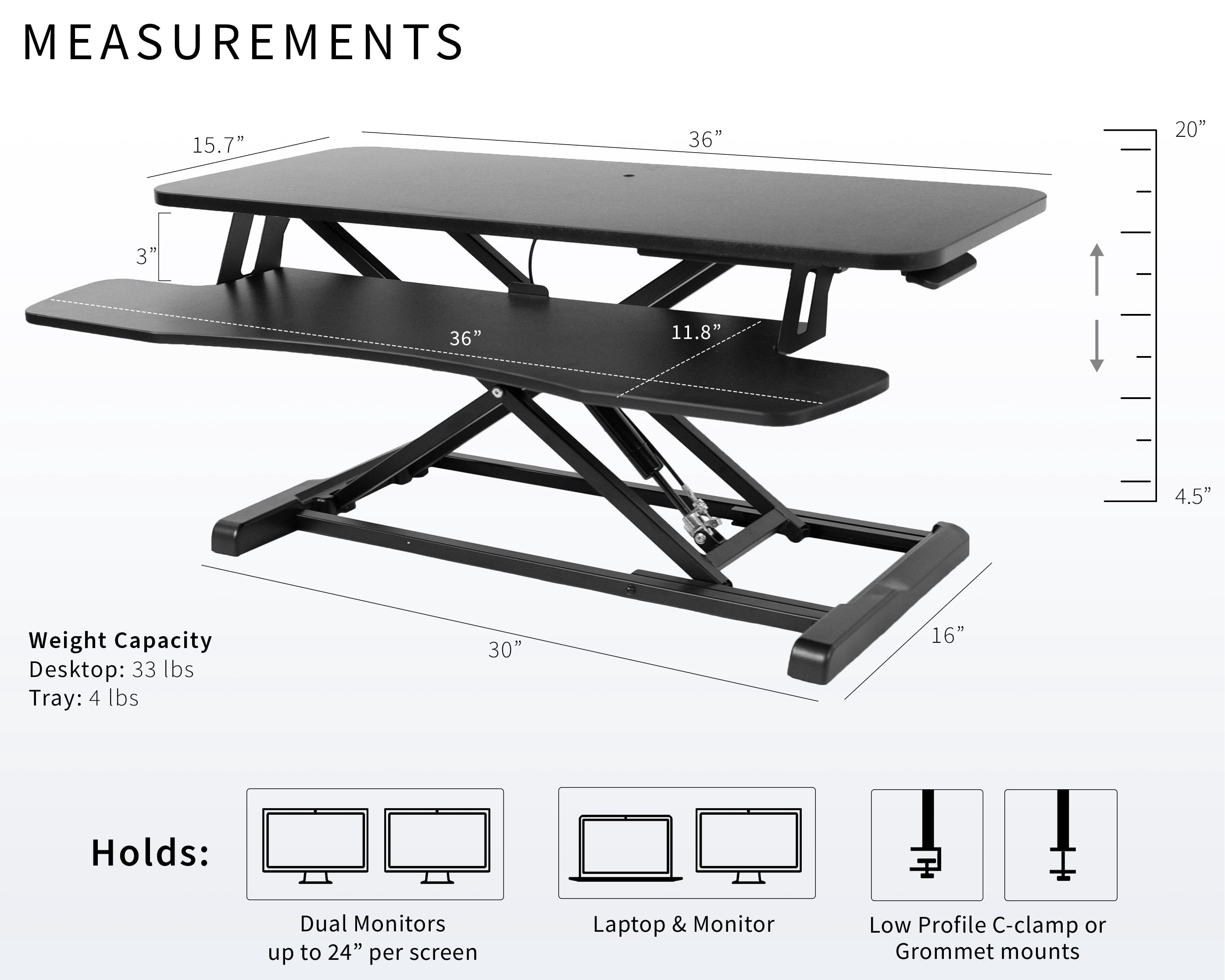 VIVO Black Height Adjustable 36" Standing Desk Monitor Riser, Sit Stand Tabletop