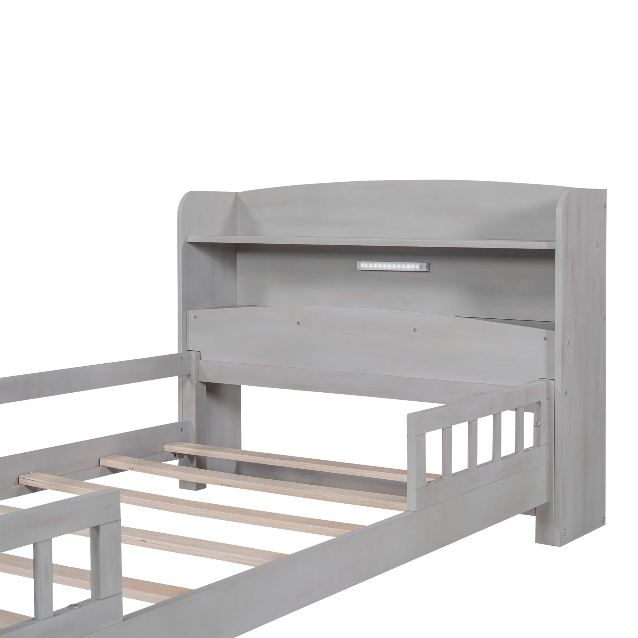 Noble House Twin Platform Bed with Built-in LED Storage Headboard and Safety Guardrails, Space Saving Design, Gray