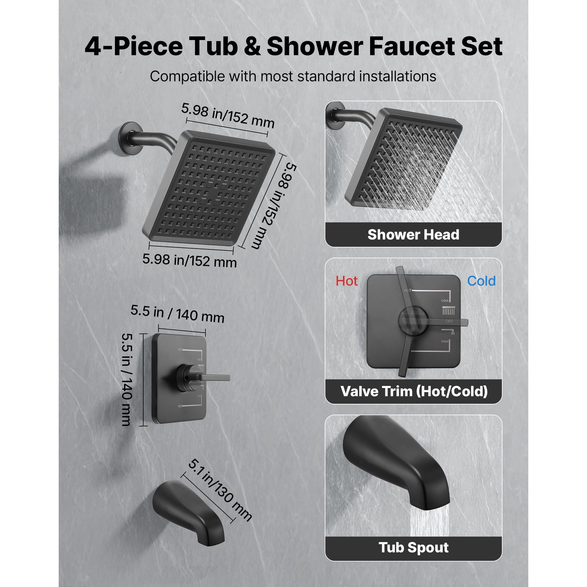Tub and Shower Faucet Set 4-Piece Brass Valve ABS Shower Head 304 Stainless Steel Panel Matte Black for Bathroom