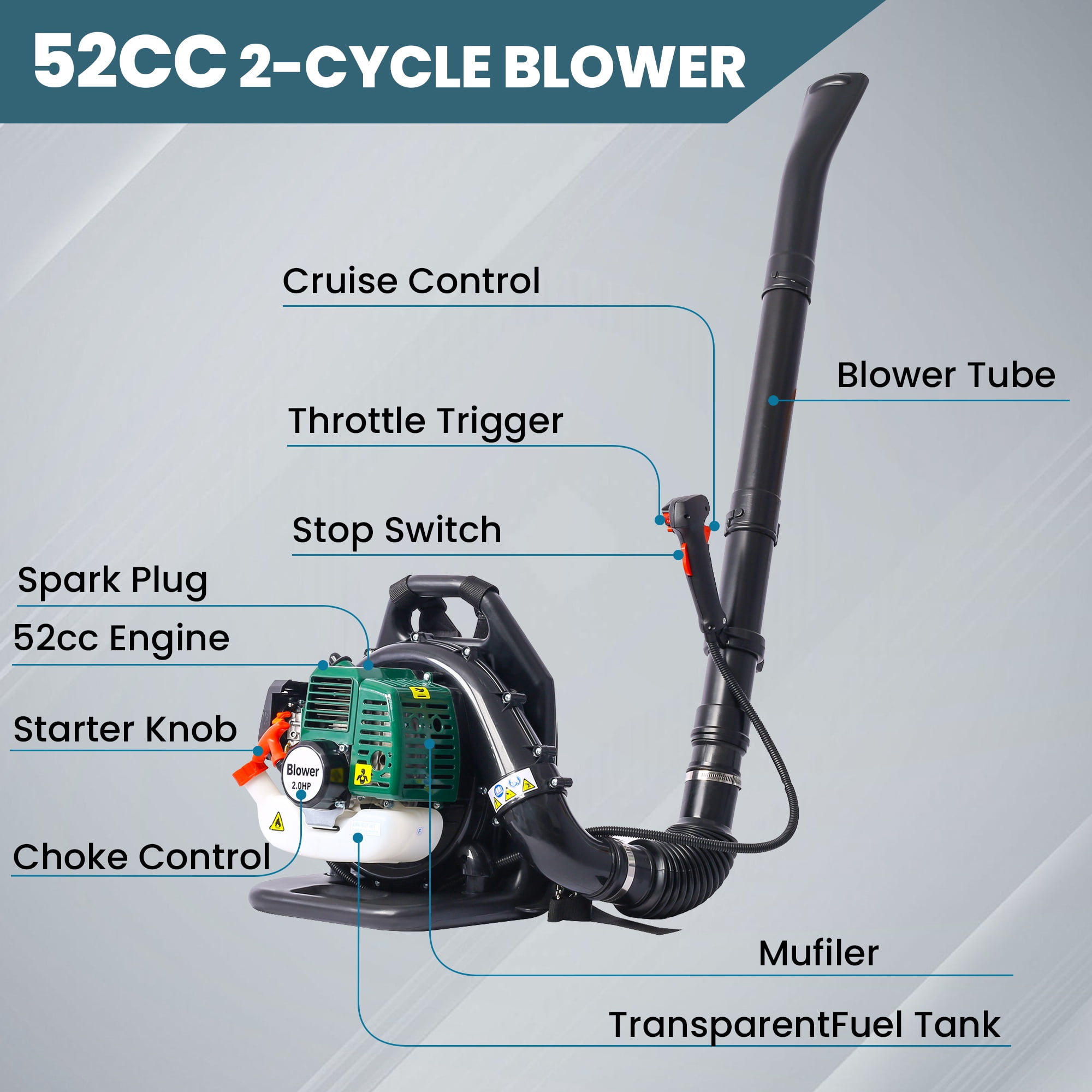 Backpack Leaf Blower Gas Powered 52CC, Seizeen Cordless Leaf Blower 530CFM Powerful, with Adjustable Handle & Extended Tube for Yard, Green