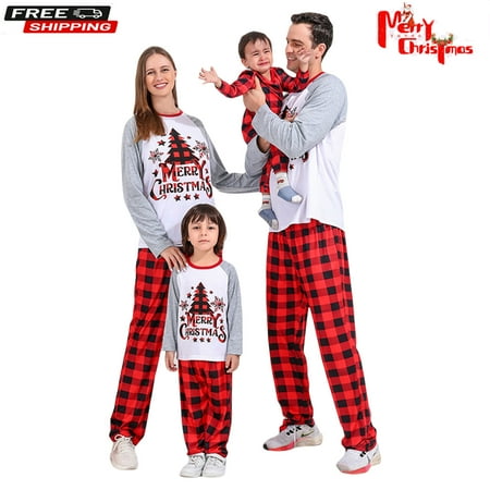 

Christmas Pajamas For Family Christmas Tree Plaid Print Long-Sleeved Tops + Trousers/One-Piece Jumpsuit